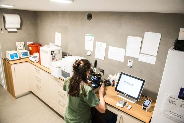 Laboratorium kliniki — technik przy mikroskopie i analizatorach